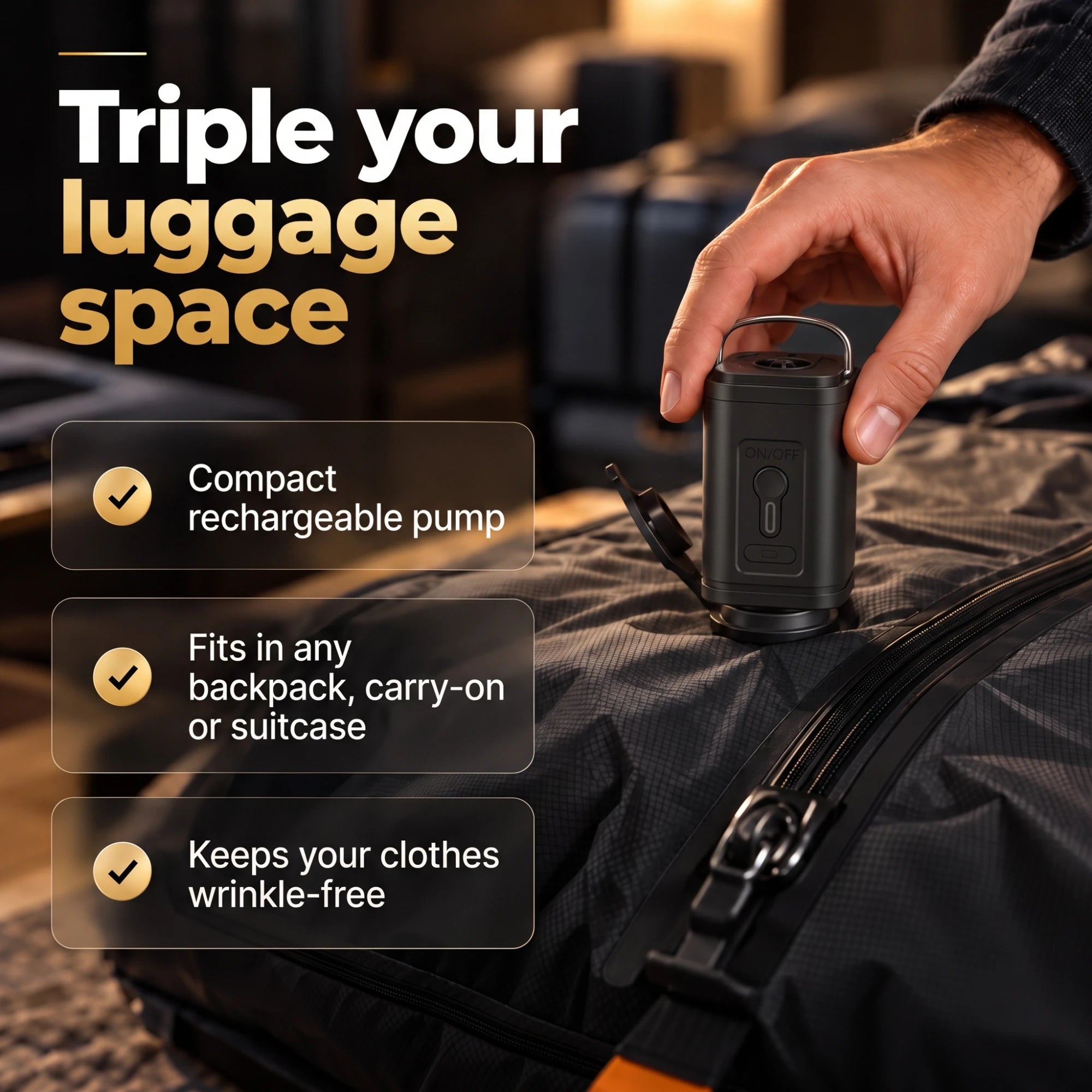 Triple your luggage space: compact rechargeable pump, fits any backpack, carry-on or suitcase, keeps clothes wrinkle-free