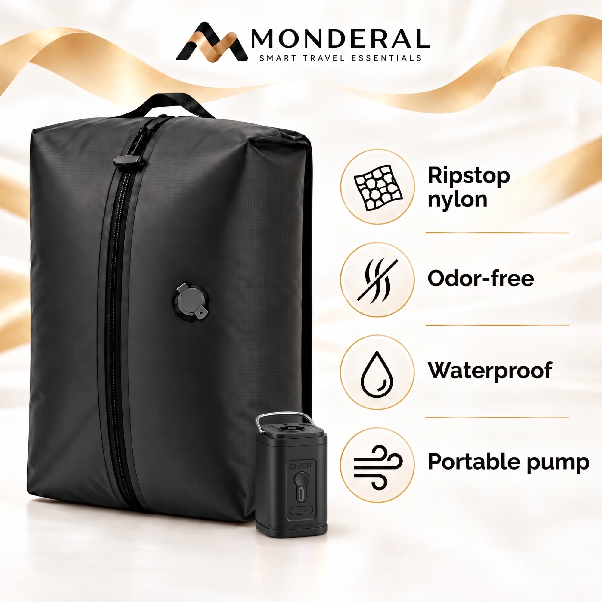 Ripstop nylon, odor-free, waterproof, with a portable pump