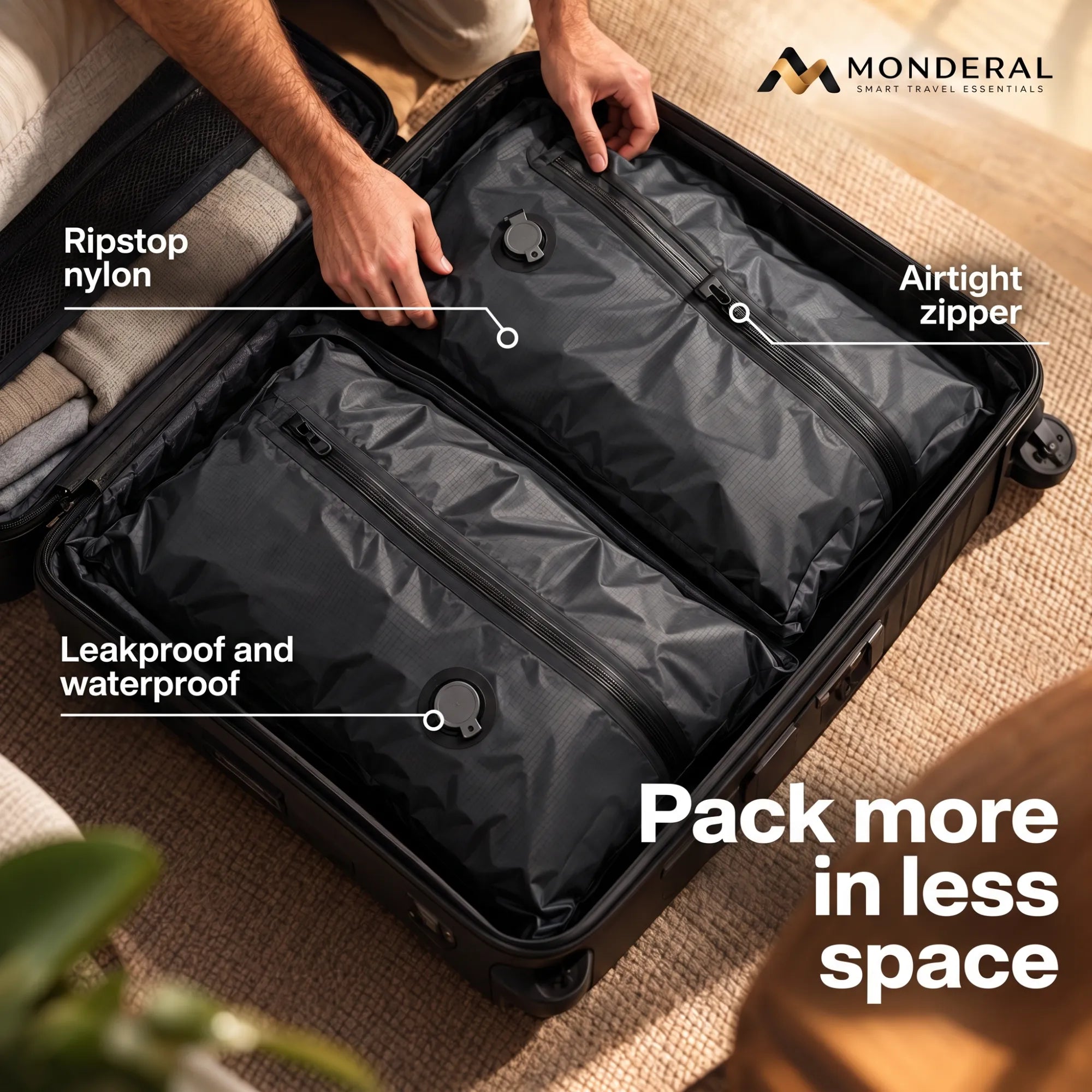 Pack more in less space: ripstop nylon, airtight zipper, leakproof and waterproof
