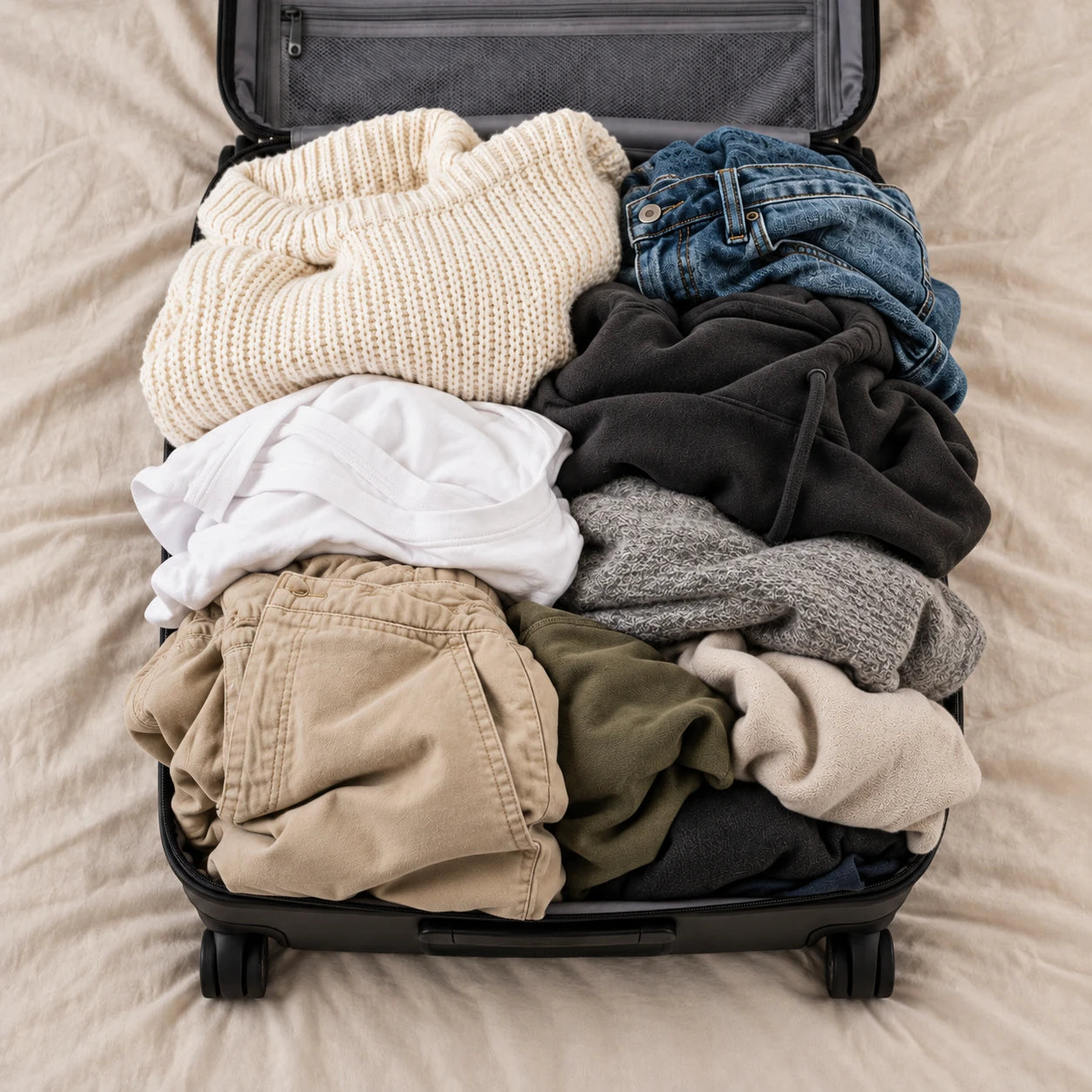An open suitcase overflowing with loose clothes