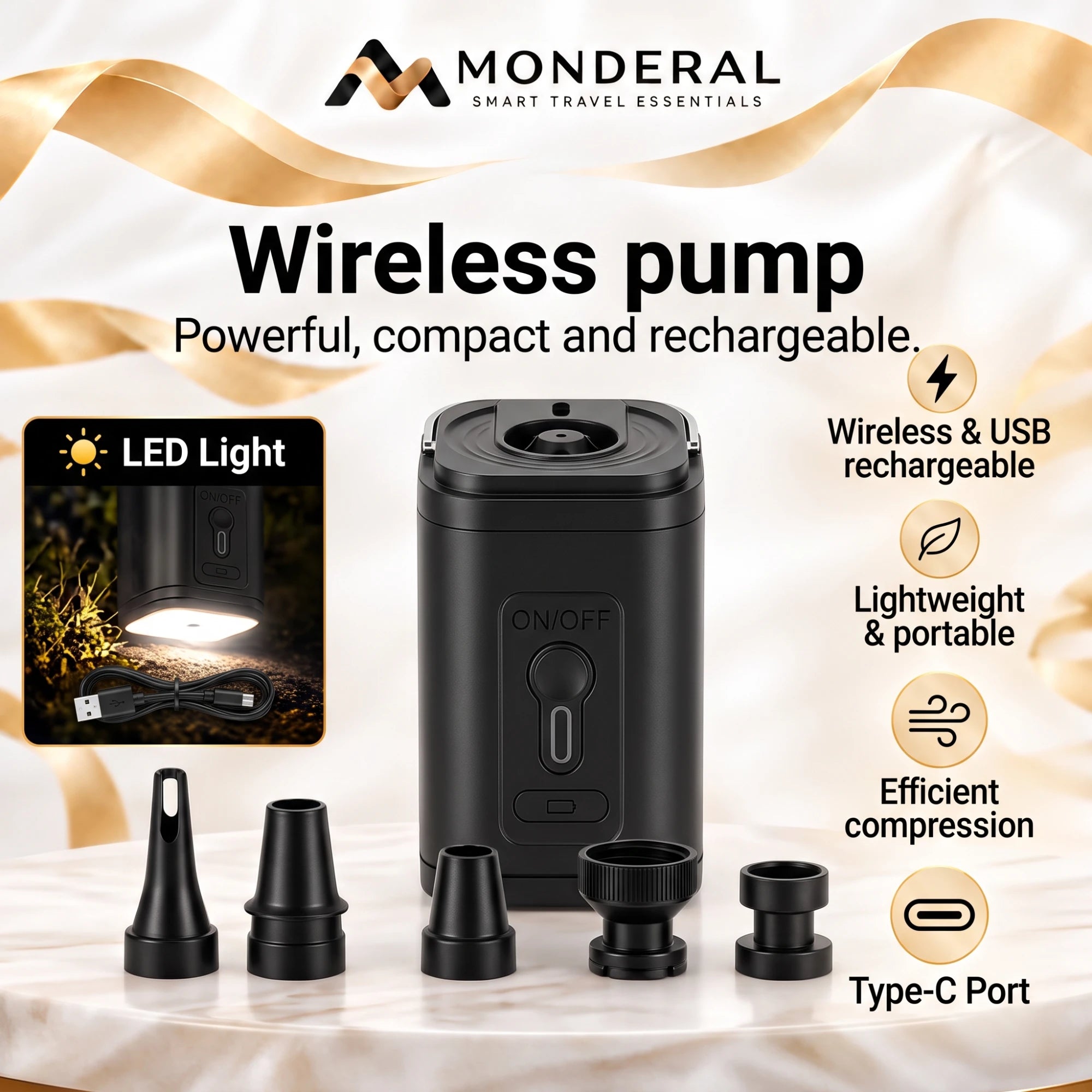 Wireless pump: rechargeable over USB-C, with LED light and five nozzles