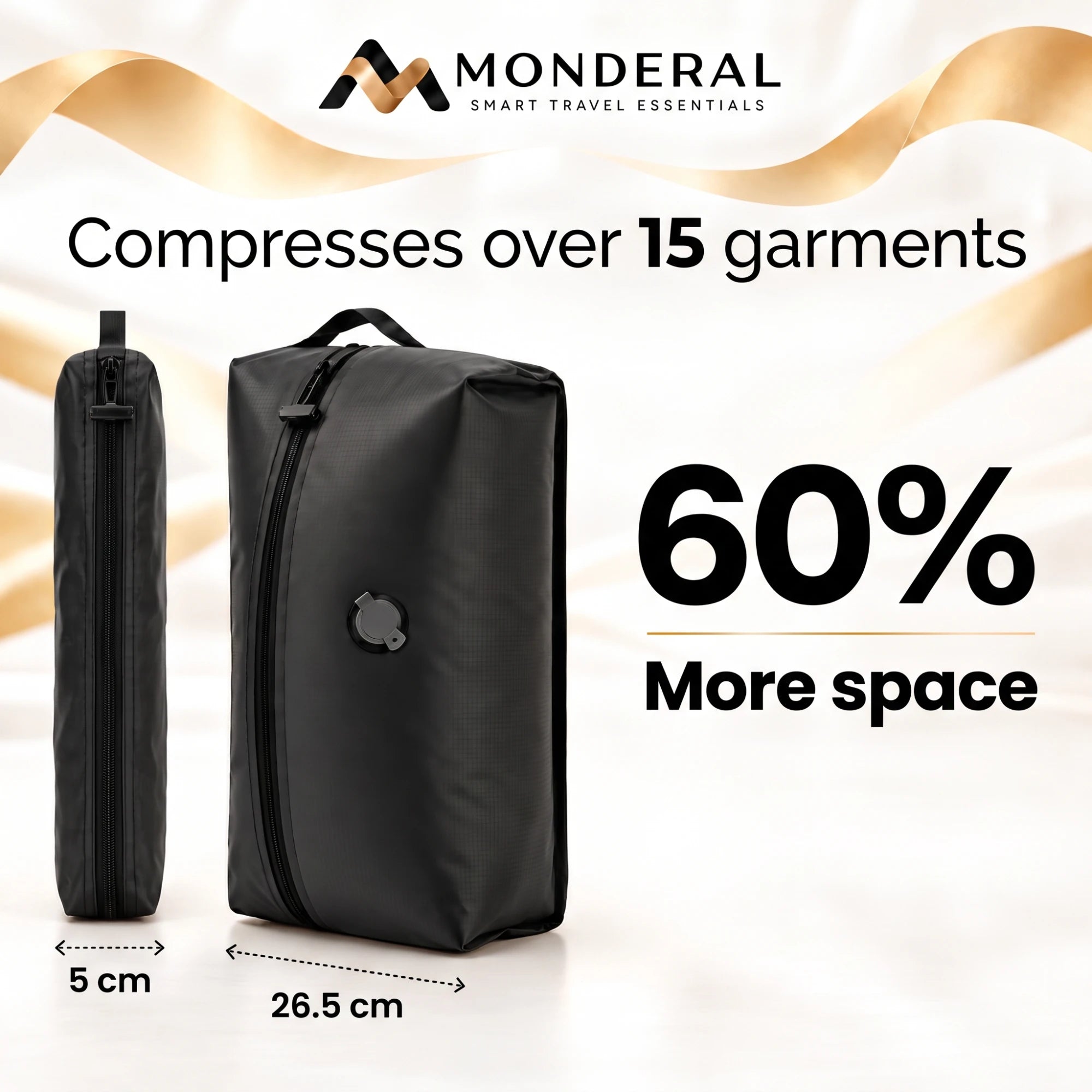 Compresses over 15 garments into a flat bag